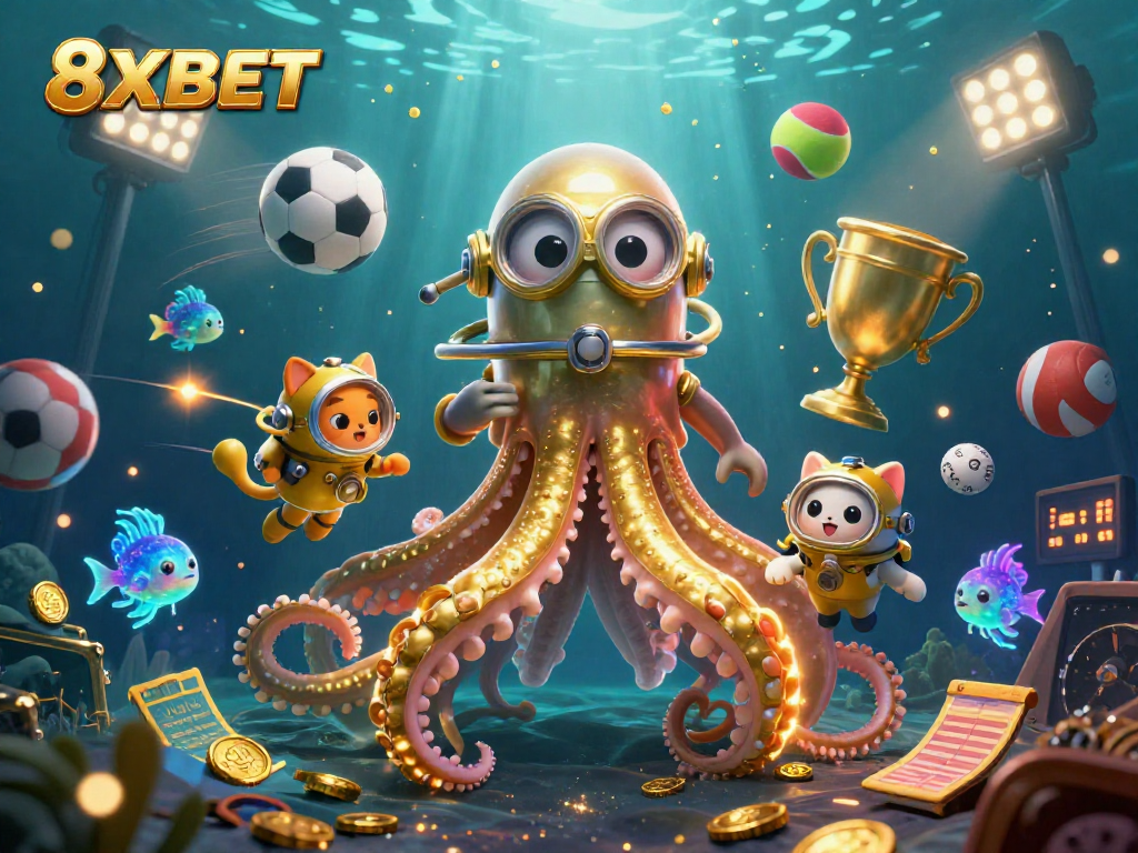 Engage in the adventure of 8XBET with a dynamic scene of a kraken and diving cat amidst sports elements.