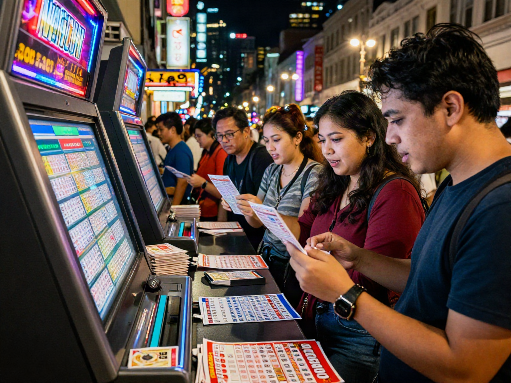 Individuals excitedly checking their toto togel tickets at a vibrant city lottery kiosk during nighttime