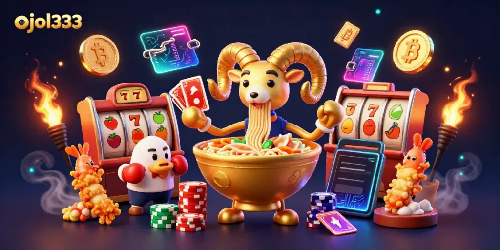 Engage in thrilling slots at ojol333, where golden ramen bowl characters bring exciting casino action to life.