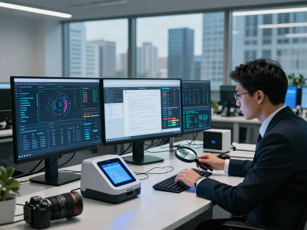Document fraud detection solution analysis in a tech office showcasing advanced tools and data analytics.