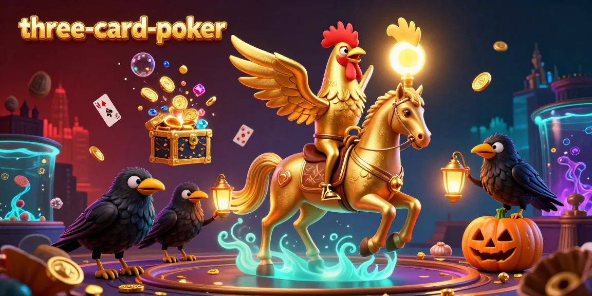 Play three-card-poker amidst a lively casino scene featuring unique characters and vibrant elements.