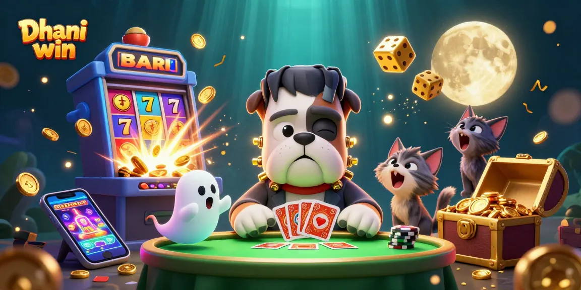 Experience the thrill of Dhani win as the Frankenstein bulldog deals cards amidst a vibrant casino scene.