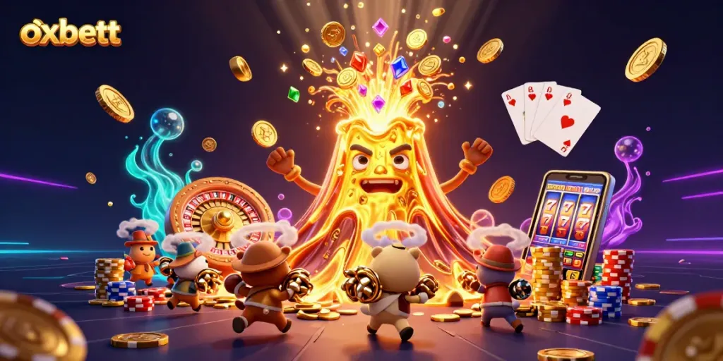 Experience exciting gameplay with oxbett as the golden volcano erupts into a treasure of coins and gems.