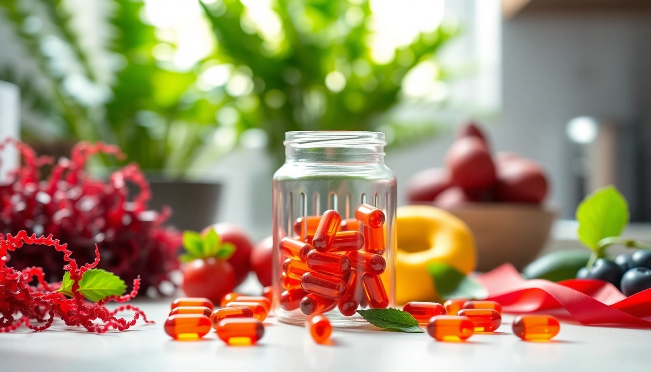Explore the benefits of astaxanthin dosage for adults with vibrant capsules and fresh ingredients.