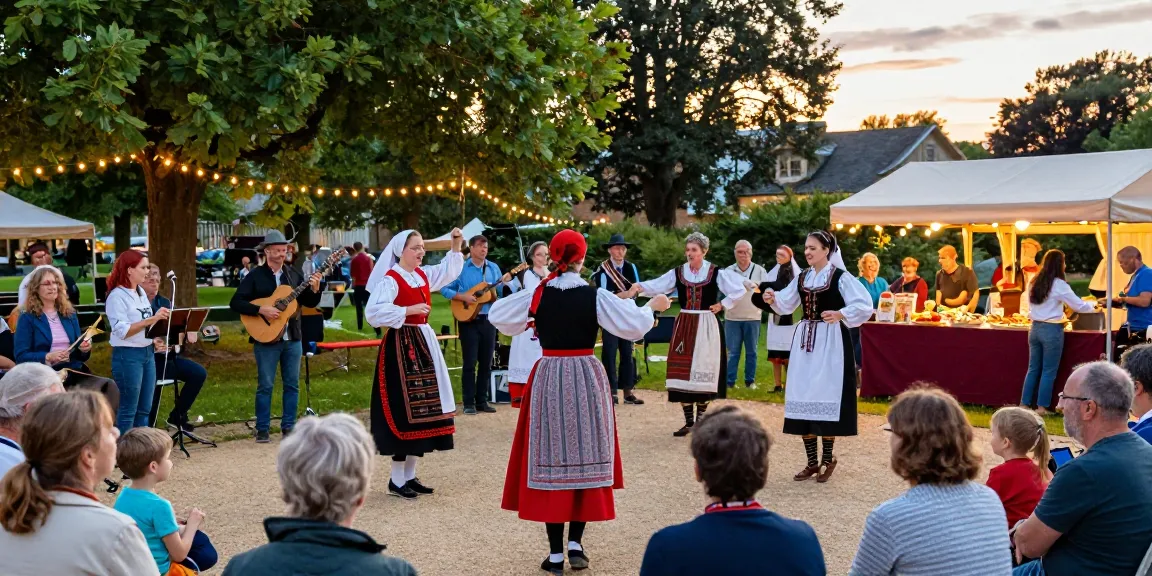 A vibrant scene of a community celebrating culture with traditional Breton music and dance at an outdoor event, promoting the excitement of เกมสล็อต.
