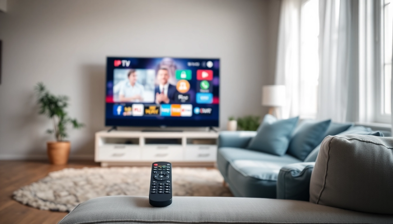 Experience free trial iptv with a modern setup featuring a Smart TV and cozy living room.