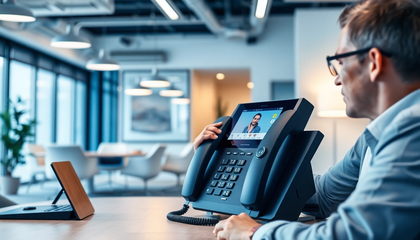 Engaged user interacting with modern business telephone systems in a professional office setting.