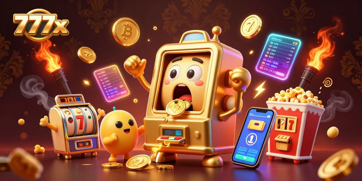 Play and win with 777x at the jackpot scene featuring a lively slot machine and crypto elements.