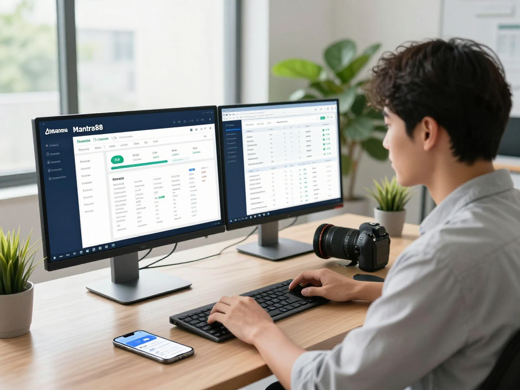 Focused young professional logging into mantra88 for digital banking insights and finance management.