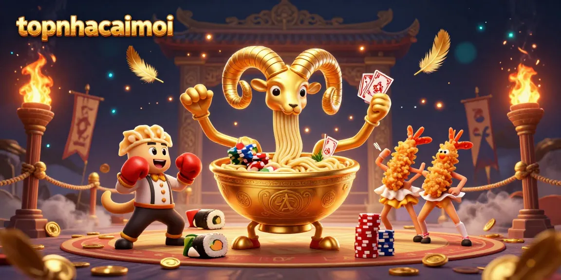 topnhacaimoi showcases a vibrant casino scene with a giant ramen bowl dealer and sushi roll under dramatic lighting