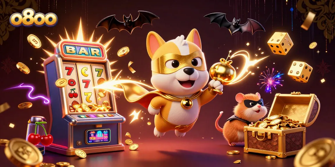 Experience the thrilling fun of gambling with o8oo's superhero dog and hamster duo featuring slot machines and jackpots!
