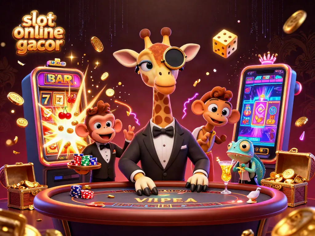 Engage with the exciting world of slot online gacor in this vibrant casino scene full of characters and game elements.