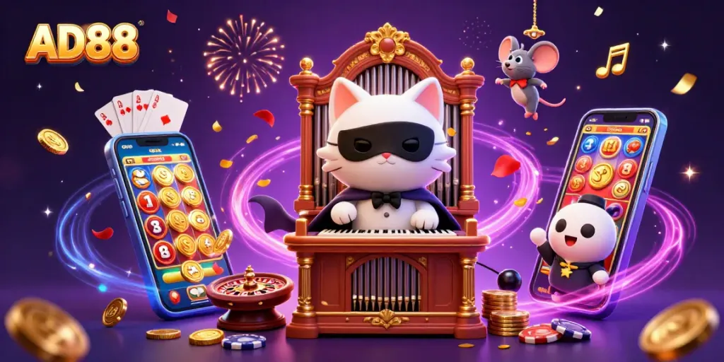 AD88 offers players an exciting casino experience illustrated with vibrant gaming elements and characters.