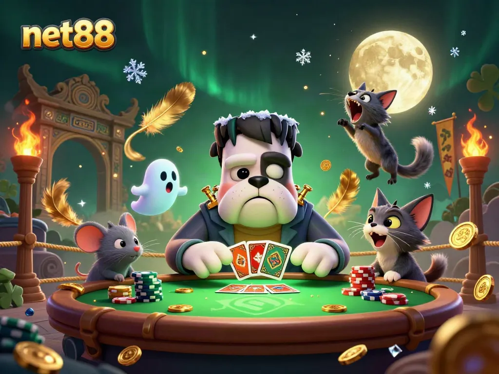Experience a thrilling game with net88 featuring a unique 3D illustration of a spooky casino scene.