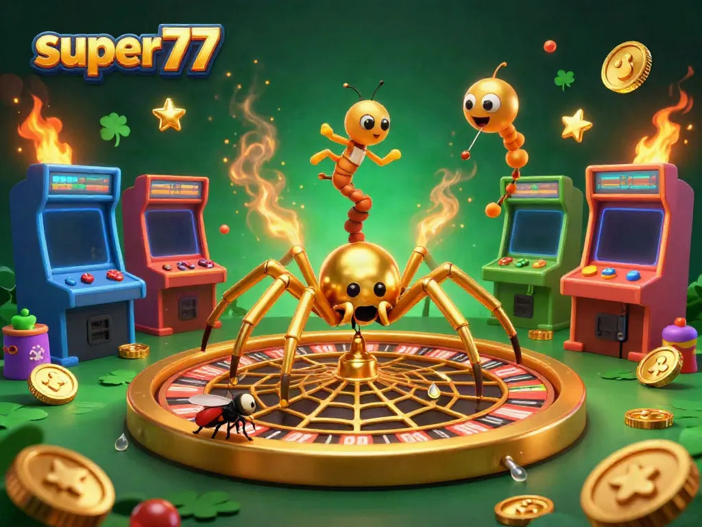 Experience the excitement of super77 with a vibrant casino-themed illustration featuring a golden spider and colorful gaming elements.