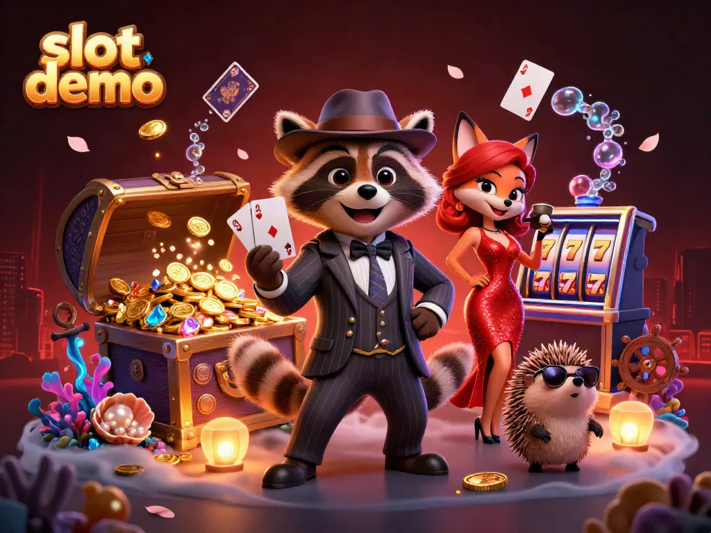 Spin stunning slot demo with raccoon, fox, and hedgehog in a vibrant casino scene.