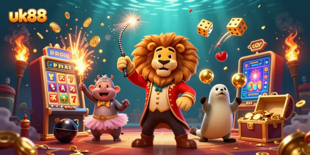 Engage in the excitement of uk88 with vibrant casino characters and jackpot elements bursting forth.