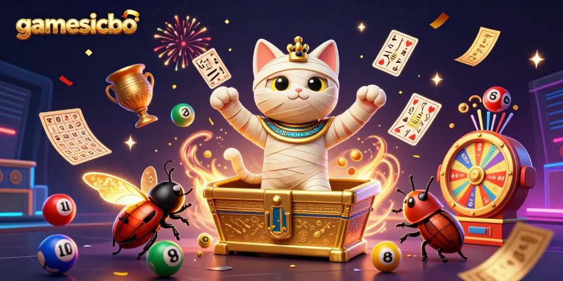 Experience the thrill of gamesicbo with an Egyptian cat, scarab, and vibrant lottery elements!
