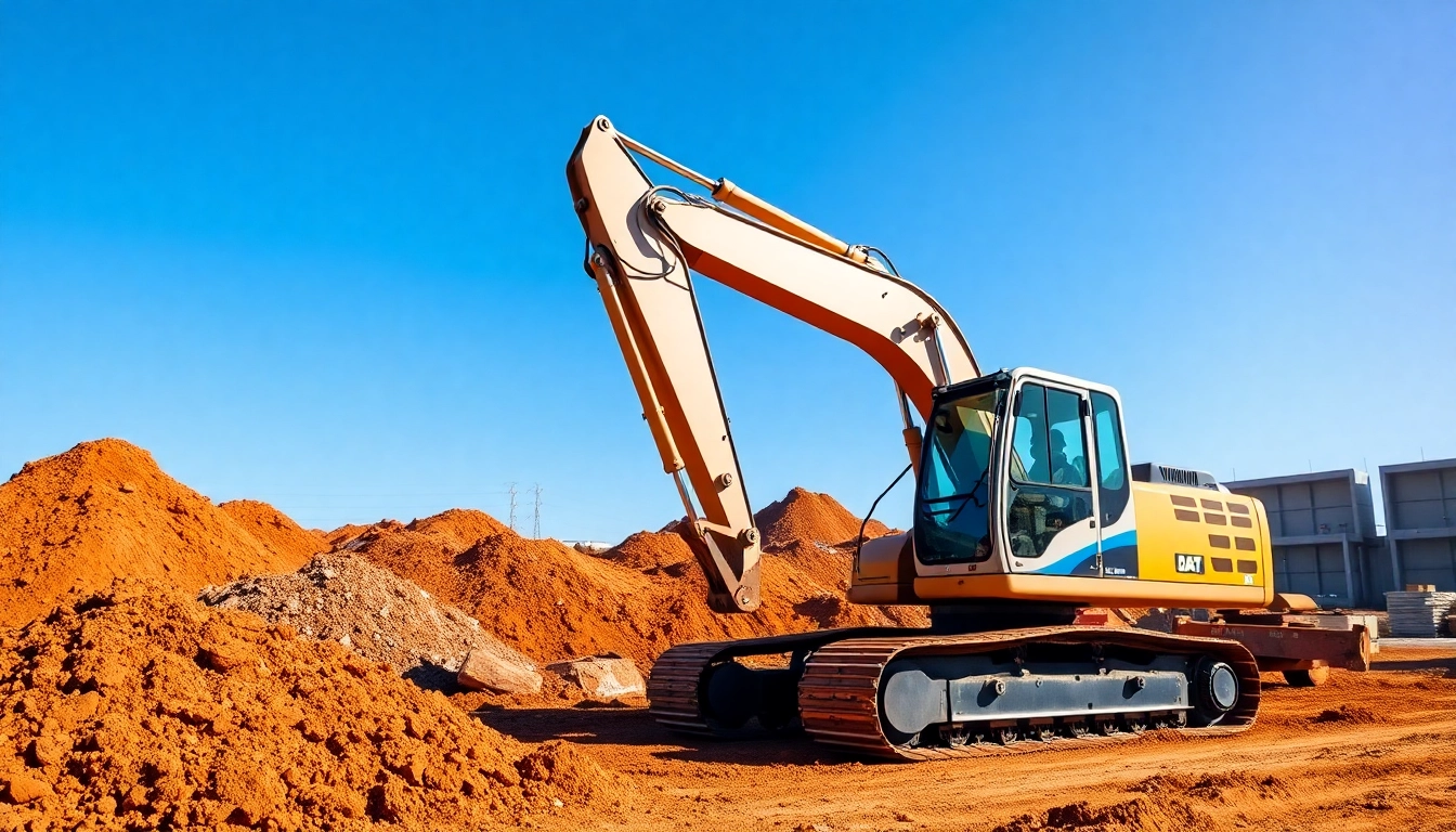 Excavator performing construction tasks on a vibrant job site under clear skies.