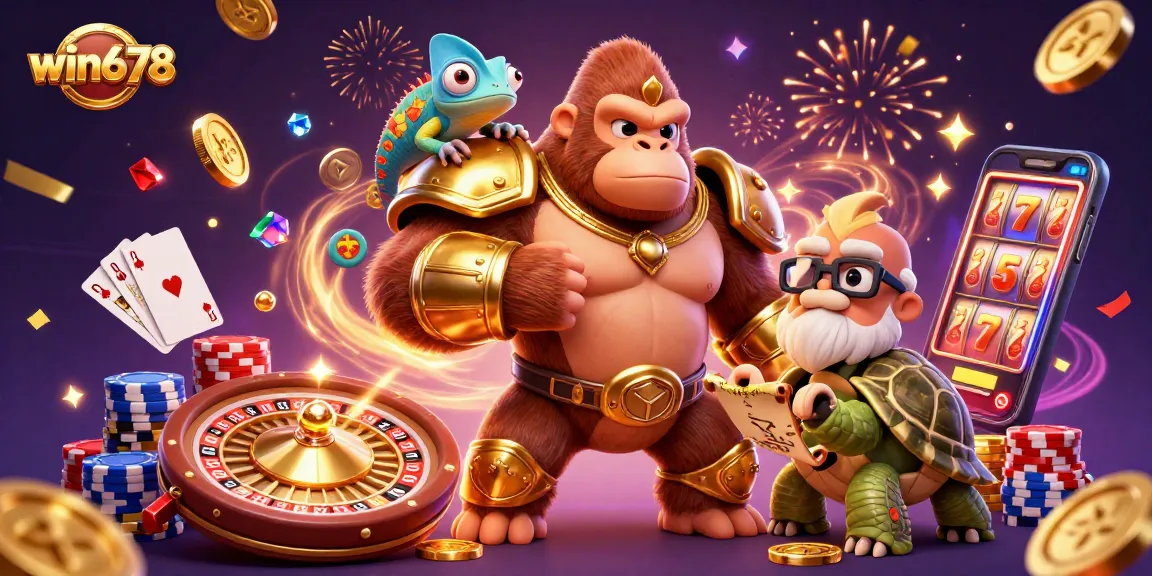 Experience thrilling wins at win678 with a powerful gorilla king and vibrant casino elements.