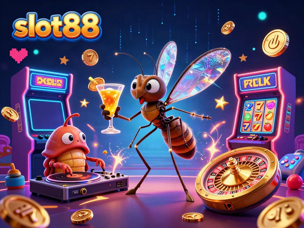 Experience slot88 excitement with a vibrant 3D casino themed illustration featuring animated characters and slot game elements.