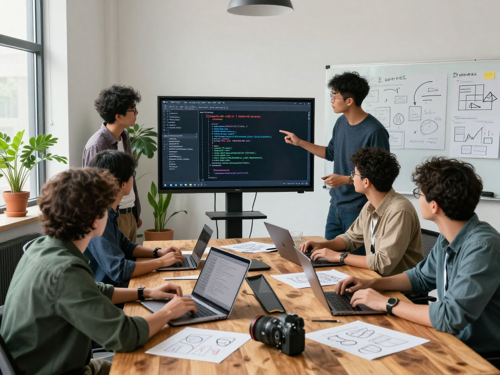 Software development team collaborating on net88 application code in a modern office setting.