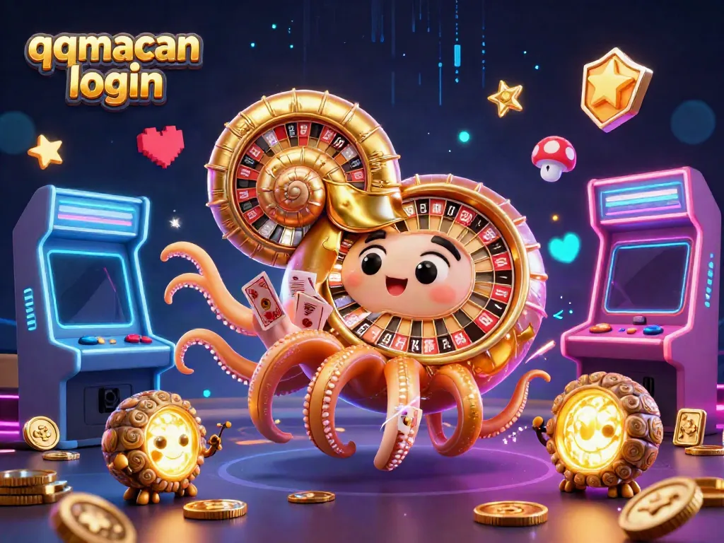 Engage in thrilling gameplay with the qqmacan login, featuring a giant nautilus roulette wheel and glowing gaming elements.