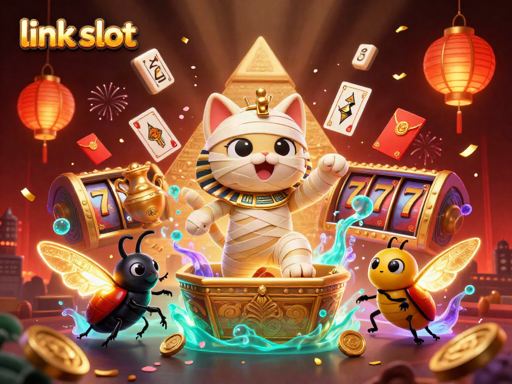 Engage with the exciting link slot scene featuring a mummy cat and golden scarab in a vibrant casino.