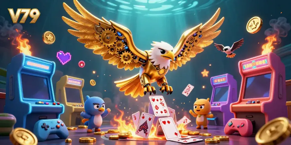 Experience V79's exciting casino atmosphere with a stunning 3D golden eagle soaring through holographic cards.