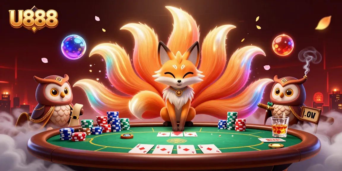 Experience the vibrant U888 casino with a nine-tailed fox, owl sage, and poker elements in this 3D illustration.