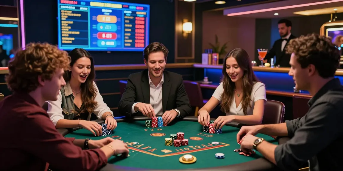 Exciting crypto casino scene with players at table games, vibrant atmosphere and cryptocurrency display.