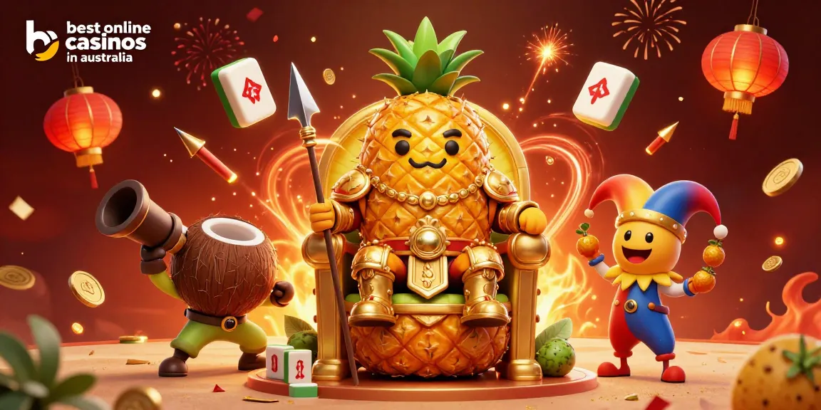 Engage with the best online casinos in Australia with this vibrant casino-themed illustration featuring a golden pineapple king and festive elements.