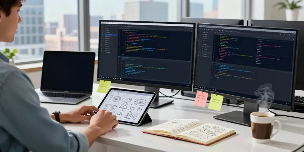 A person utilizing an automatic content writer in a modern office, surrounded by multiple screens displaying creative digital content.