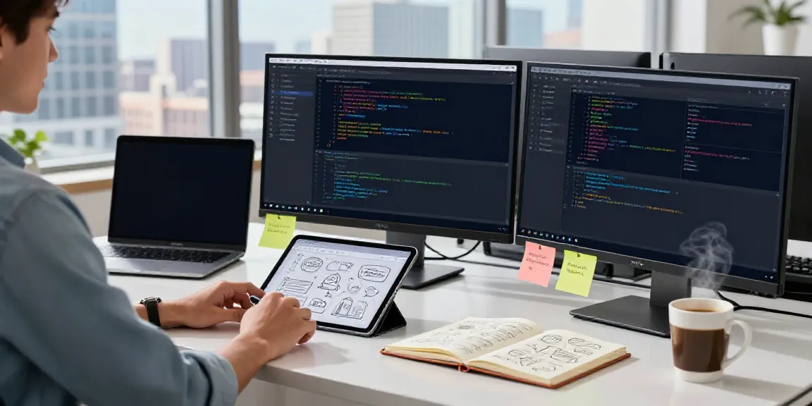 A person utilizing an automatic content writer in a modern office, surrounded by multiple screens displaying creative digital content.