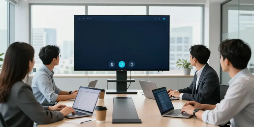 Deepfake protected Online Video Calls, Meetings and Conferencing in a modern conference room with diverse team members using technology.