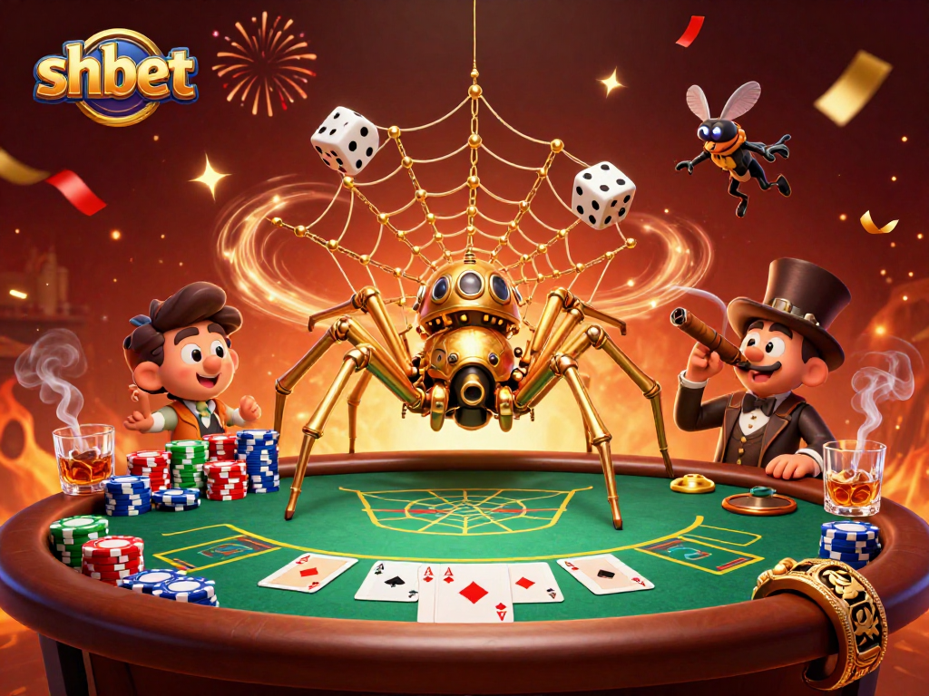 Experience thrilling games at SHBET with the golden spider catching dice in its web.