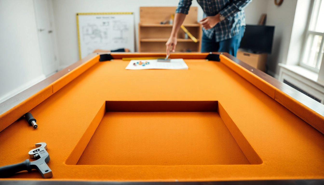 Person engaging in Pool Table Disassembly, showcasing tools and organized workspace.