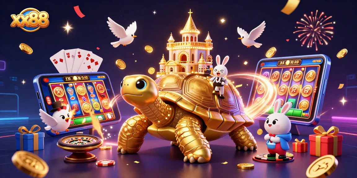 Experience the excitement at xx88 with a vibrant casino scene featuring a golden tortoise and celebratory motifs.