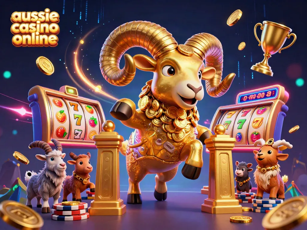 Experience the excitement at aussie casino online with dynamic slot reels and a golden ram illustration.