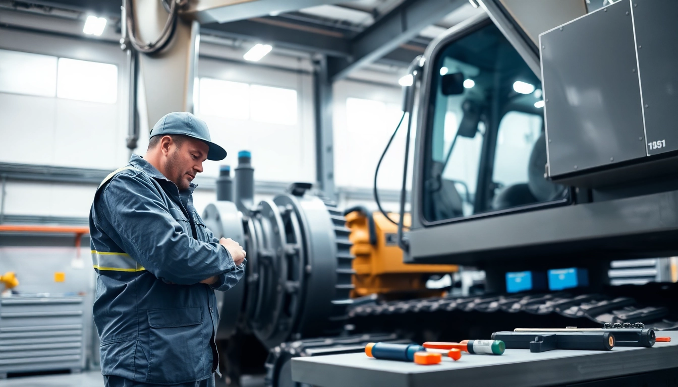 Technician performing equipment service on heavy machinery with a focus on quality and precision.