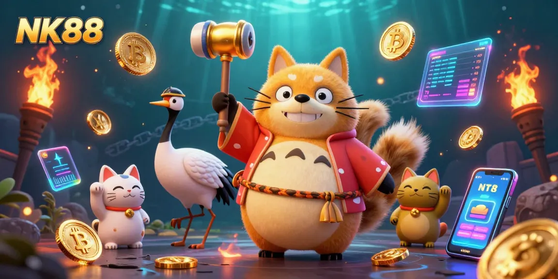 Navigating NK88's vibrant gaming world with lively characters and crypto elements.