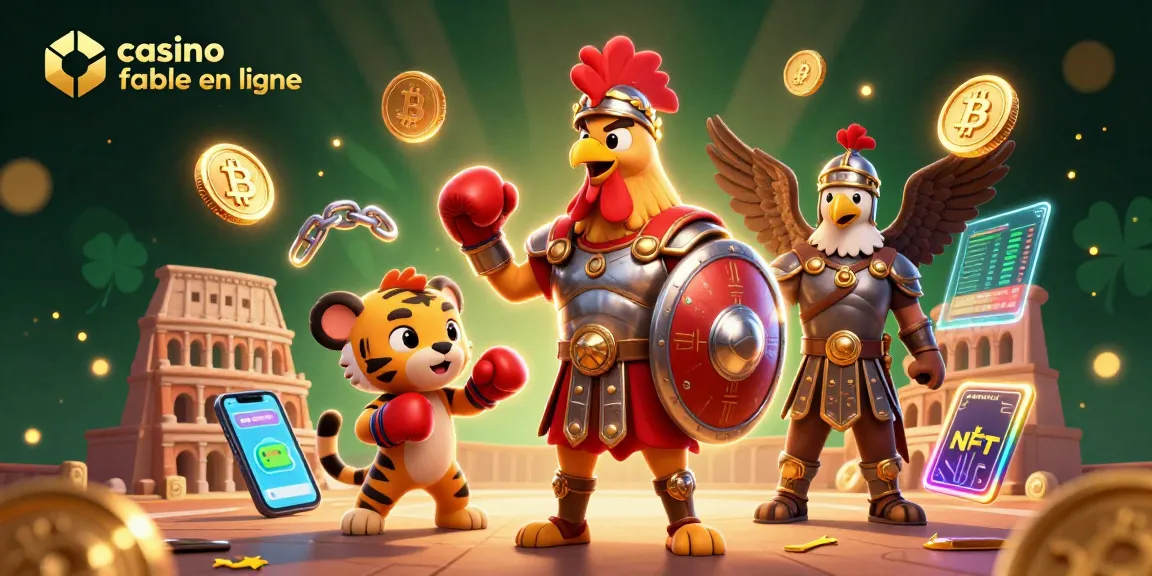 Illustration dynamique d'un casino fiable en ligne avec des personnages colorés, symboles de jeu et effets de lumière.