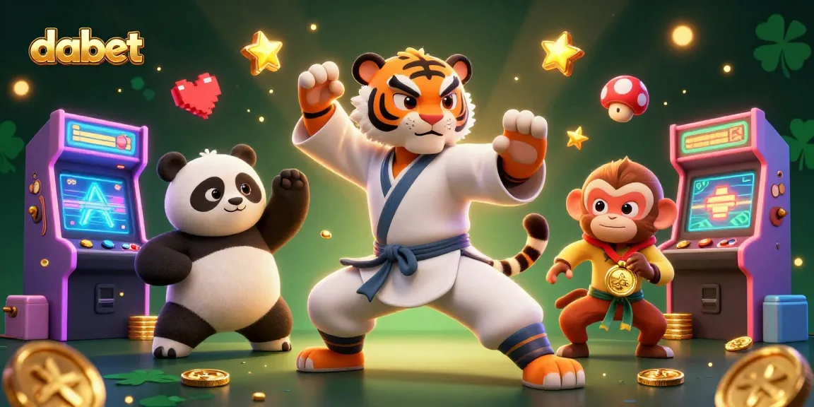 Dabet showcases a dynamic illustration of a kung fu tiger, panda disciple, and monkey student in a lively casino game environment.