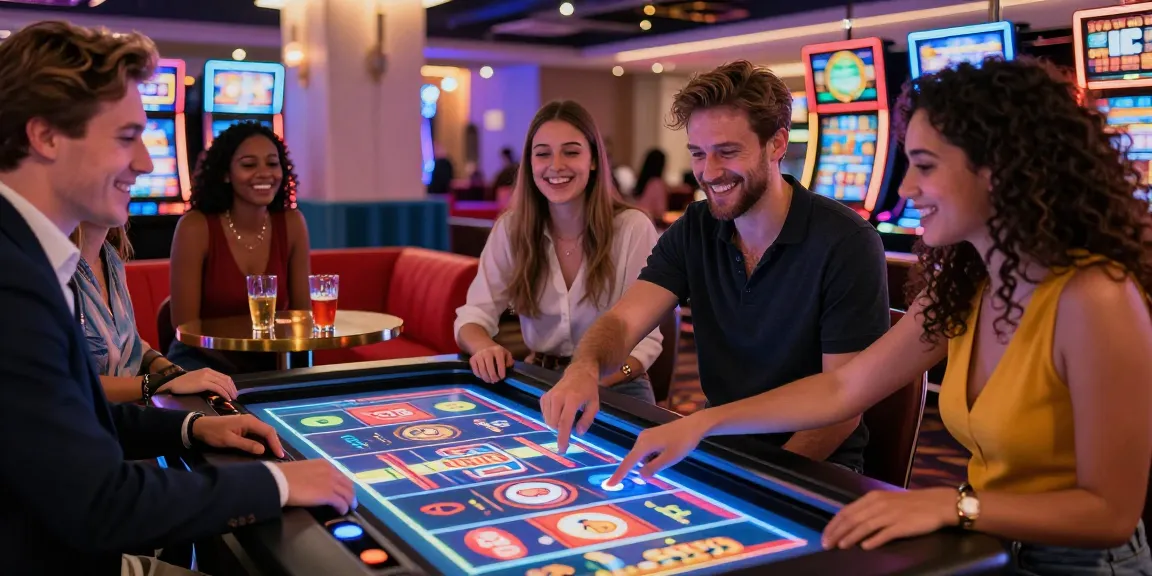 Friends enjoying qris slot games at a lively casino table