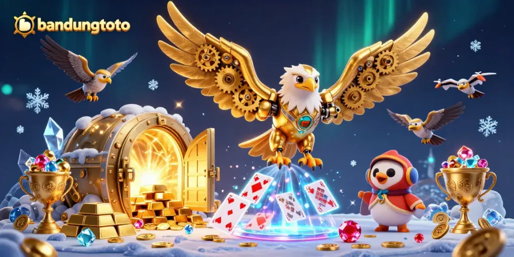 Engage in high-stakes gameplay with bandungtoto, where a cybernetic eagle dives through holographic cards amidst rich gold treasures.
