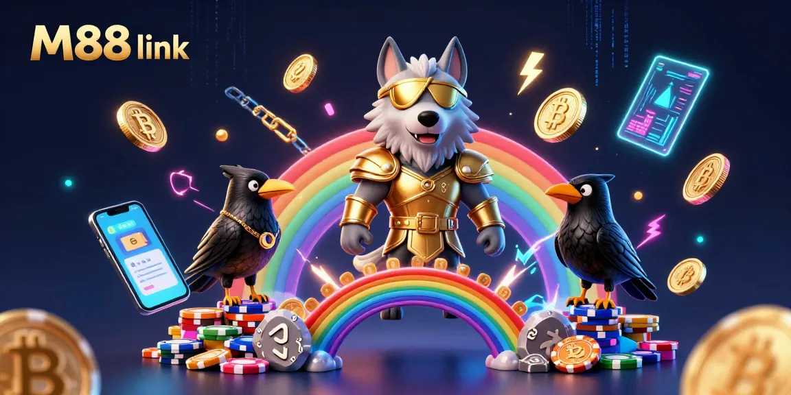 Engage with M88 link – an exhilarating casino environment featuring game characters and crypto elements.