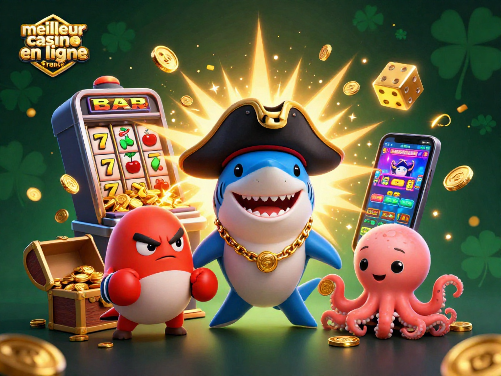 Découvrez l'illustration 3D fantastique du meilleur casino en ligne France, avec un requin pirate et des pièces d'or en jeu.