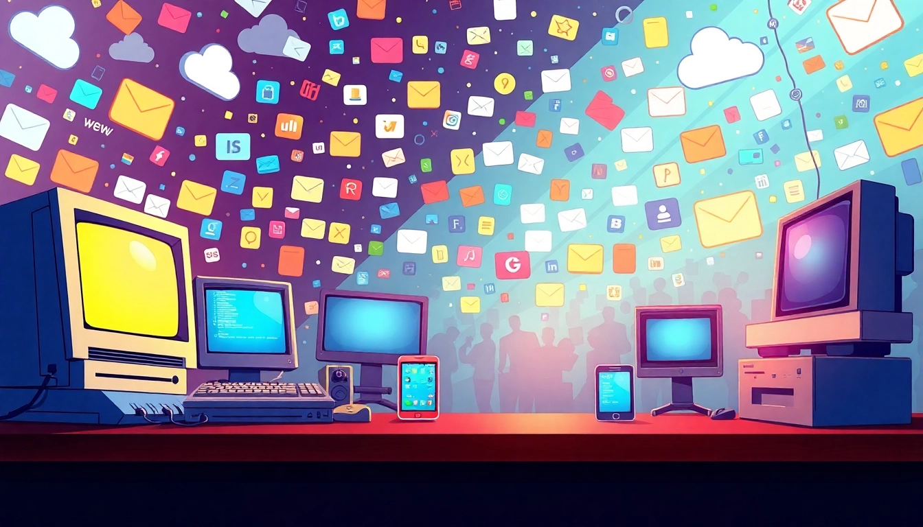 Visual representation of internet history evolution with iconic devices showcasing progress and connectivity.