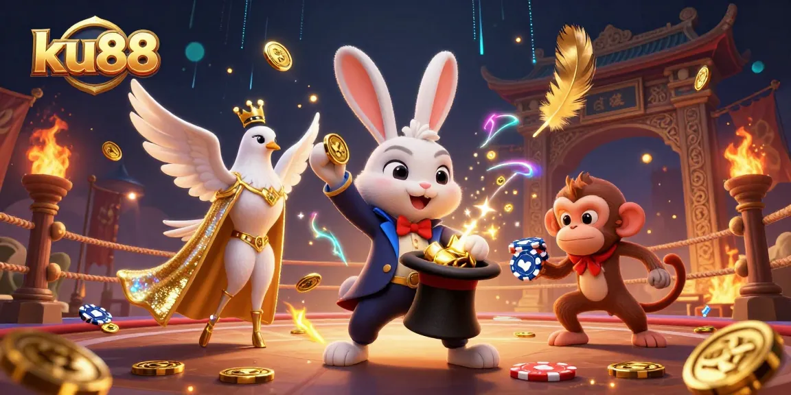ku88 brings magic with a 3D rabbit pulling golden coins at a dynamic casino scene.
