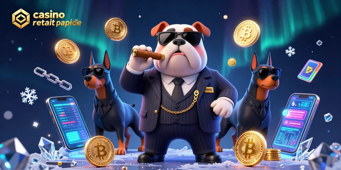 Retirez vos gains rapidement avec un casino retrait rapide, symbolisé par un bulldog mafieux et des pièces de crypto.